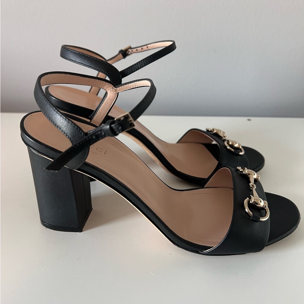 Gucci Miro Black Leather Horsebit Strap Block Heel Sandals - Picture 7 of 13